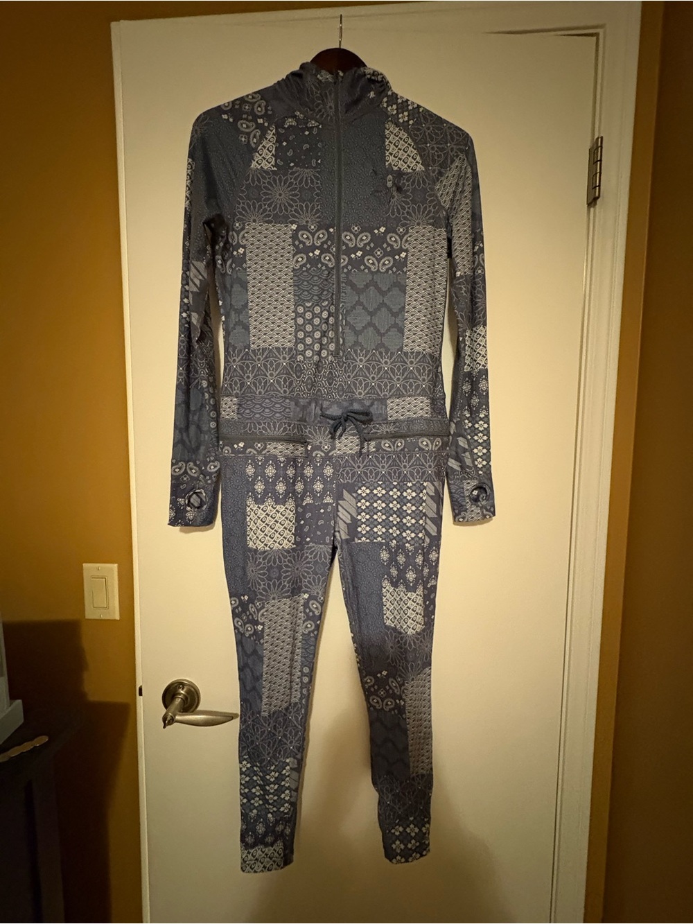 Women's Blue Patterned One-Piece Jumpsuit with Hood
